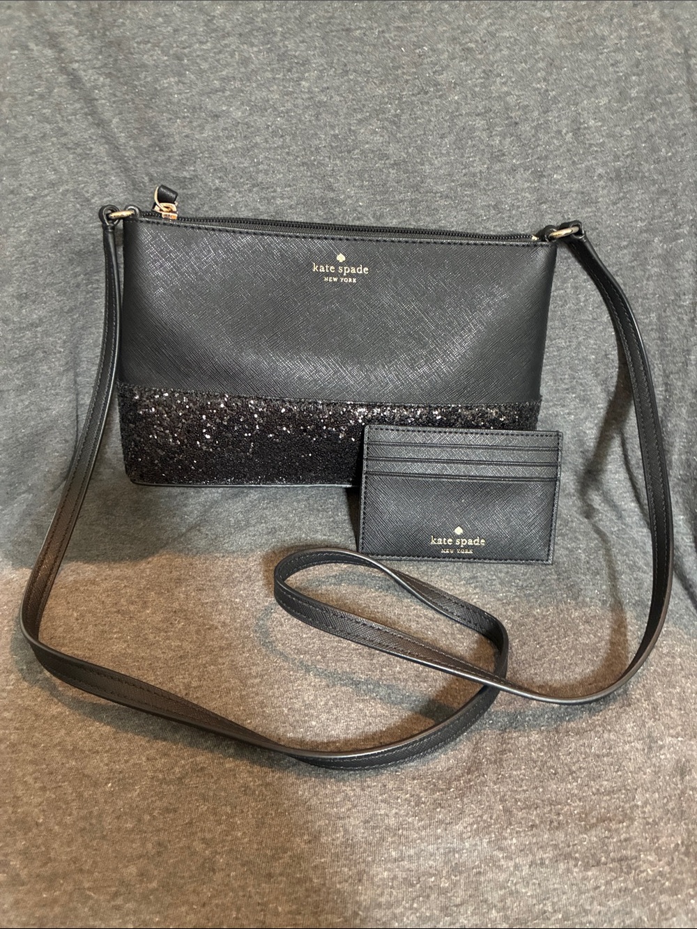 kate spade New York Black Crossbody with Glitter Accent and slim glitter wallet
